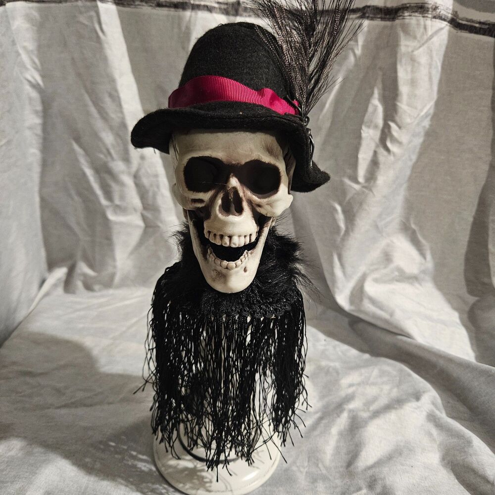 Halloween Skull Bust Top Hat Feather Gothic Decor Skeleton Display Prop